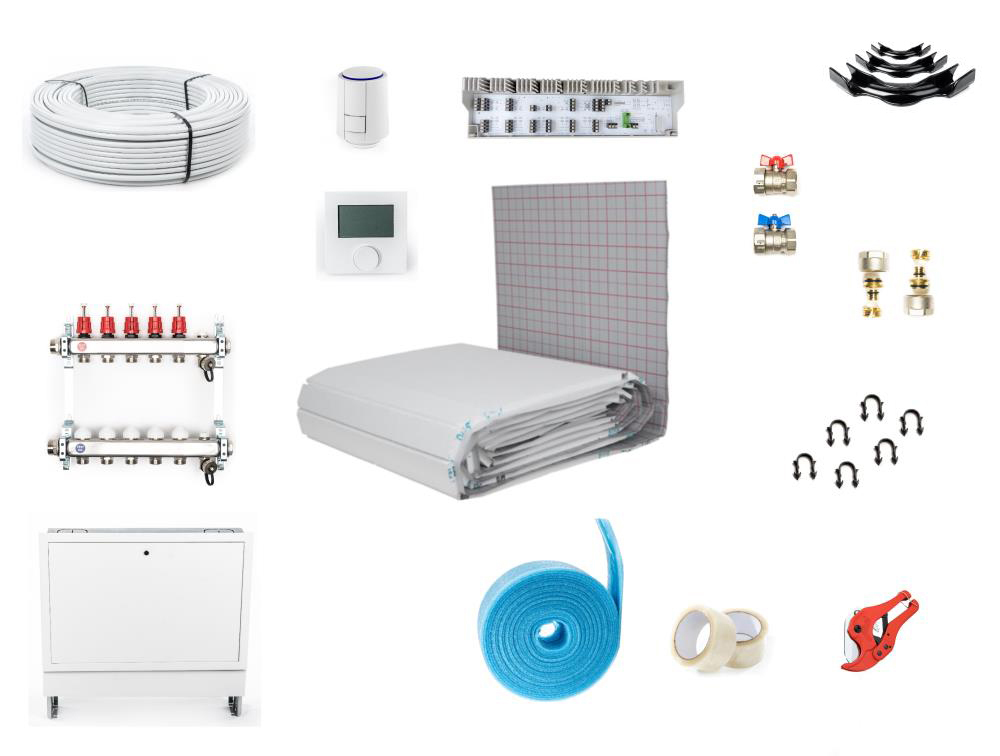 10-130 m² Tackersystem Fußbodenheizung Set – Multidämmrolle 20-2 WLG045 – ALU 16×2 – VA 10 – mit Regeltechnik