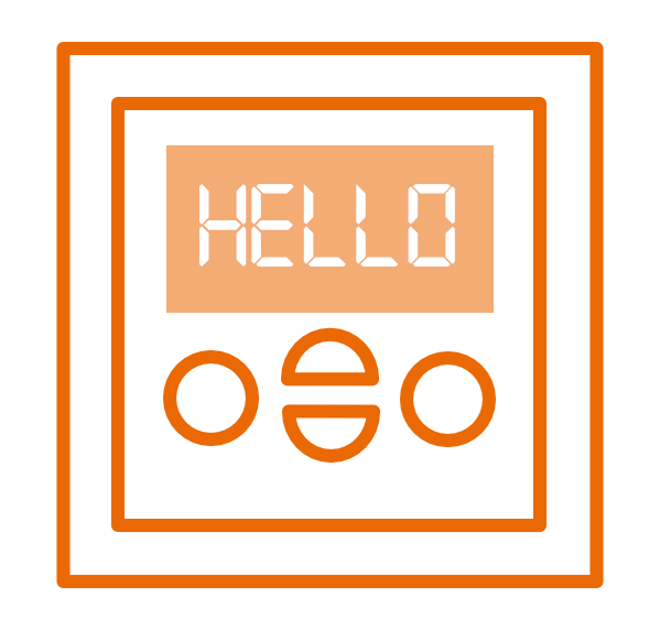 Orangefarbene Symboldarstellung mit dem Wort "HELLO" auf einem Display
