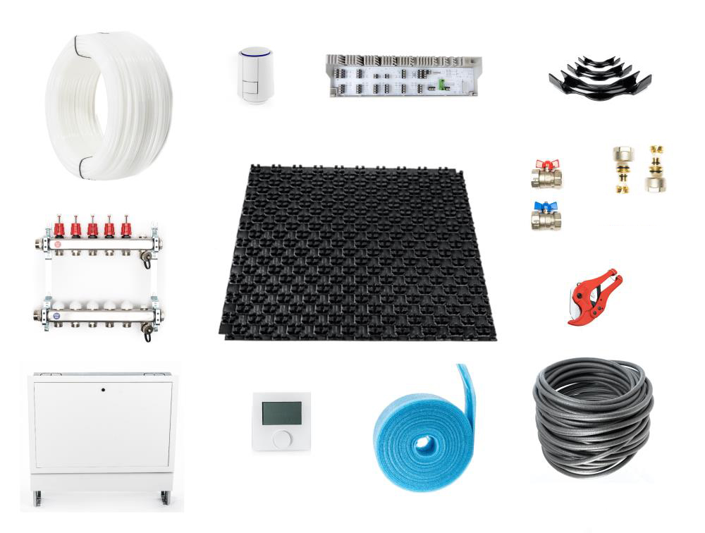 10 - 130 m² Set Noppensystem – 11 mm Dämmung EPS WLG 040 – mit Trittschalldämmung – PE-RT 16×2 – VA 10 – mit Regeltechnik