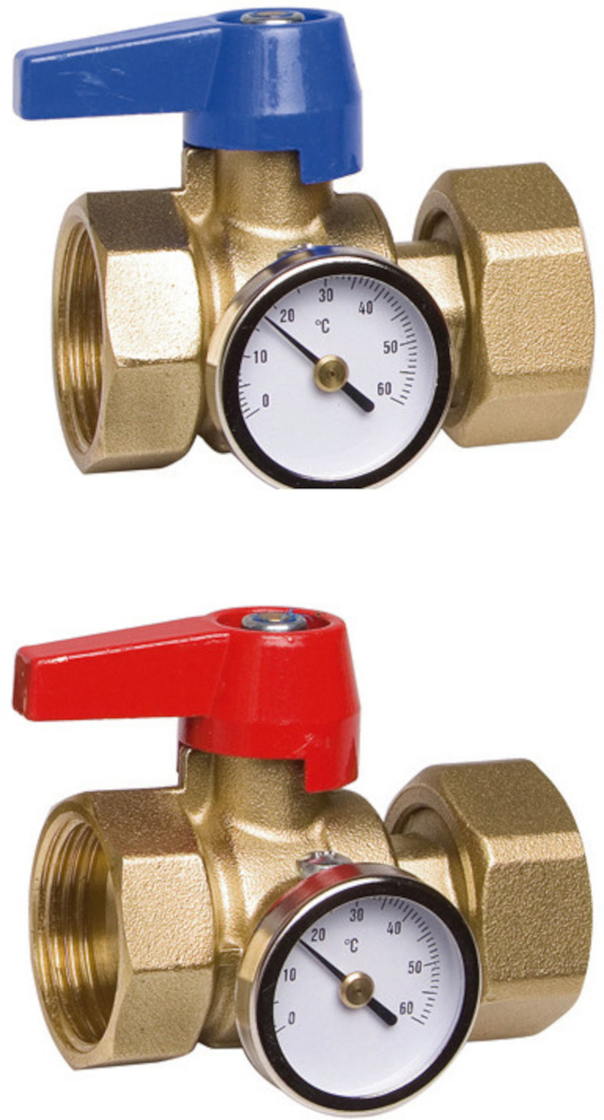 Verteiler-Anschluß-Set in blau und rot, mit Thermometer, Ansicht von vorne