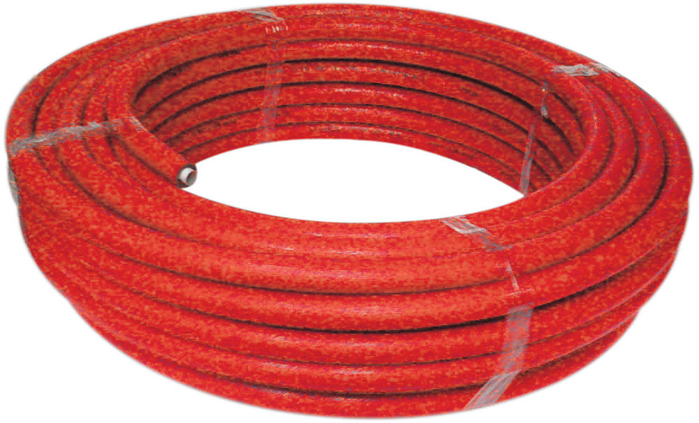 Metallverbundrohr 26x3 ROT, 10 mm vorisoliert 50% GEG, 50m Rolle, vor weißem Hintergrund