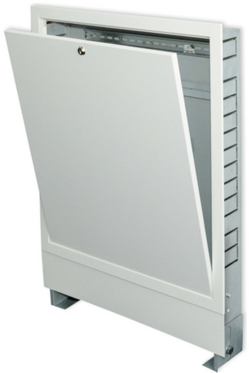 Verteilerschrank PREMIUM Unterputz | Fußbodenheizungdirekt Verteilerschrank PREMIUM Unterputz, Farbe weiss, Seitenprofil, auf weißem Hintergrund