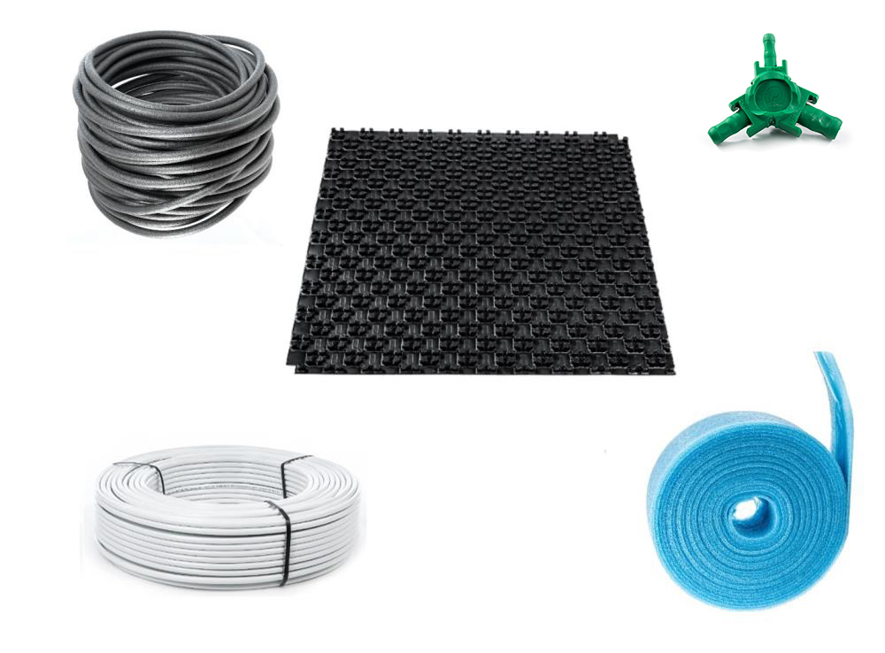 10 - 200 m² Noppensystem Fußbodenheizung Set  – 30-2 mm Dämmung EPS WLG 040 – mit Trittschalldämmung – ALU 16×2 – VA 10 – ohne Regeltechnik