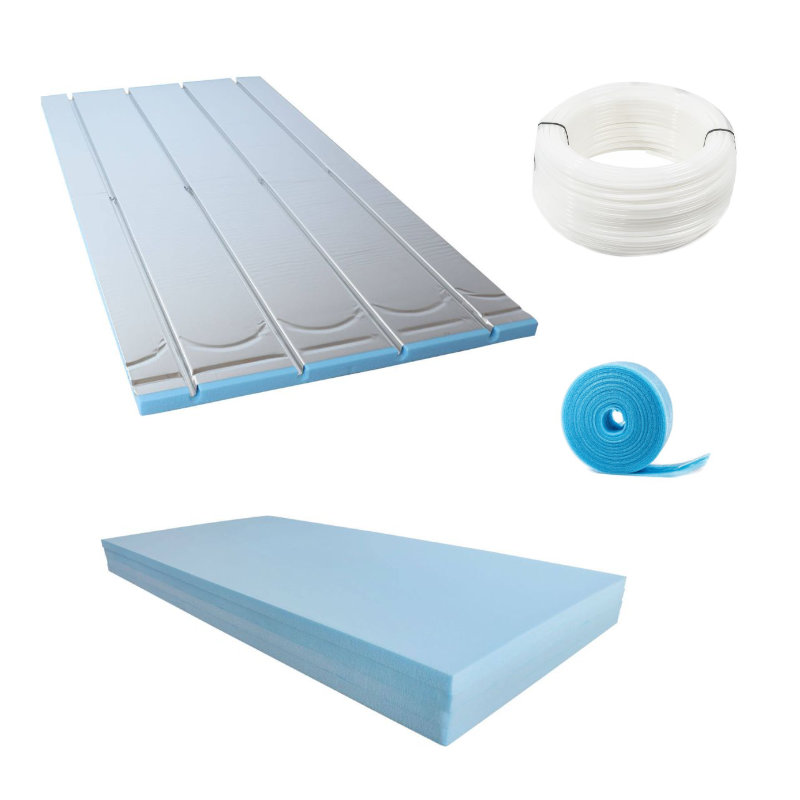 10-150 m² XPS Trockenbauset – PE-RT Heizrohr 16x2mm – mit Ausgleichsplatte – mit Randdämmstreifen