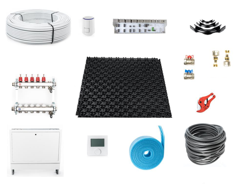 10 - 130 m² Set Noppensystem – 11 mm Dämmung EPS WLG 040 – mit Trittschalldämmung – ALU 16×2 – VA 10 – mit Regeltechnik