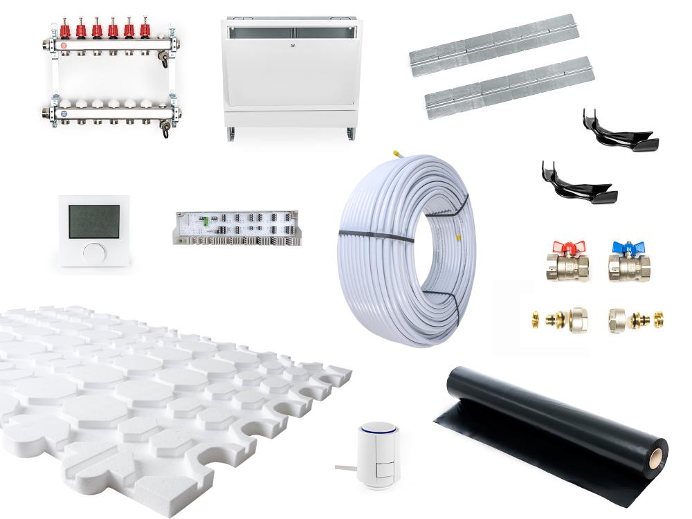 50 m² Trockenbausystem Fußbodenheizung mit Regeltechnik / PE-RT-Heizrohr / VA 12,5 / ohne Knauf 50 m² Trockenbausystem Fußbodenheizung mit Regeltechnik / PE-RT-Heizrohr / VA 12,5 / ohne Knauf