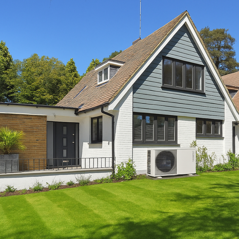 Clivet MONOBlock-Wärmepumpe Edge F 4.1, 8,40 kW, R290, vor Haus im Garten, Moodbild