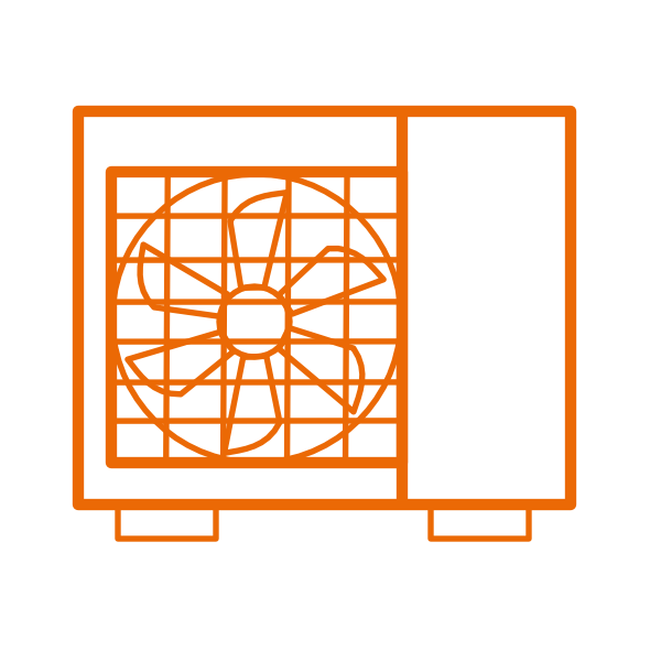 vereinfachte Icon-Darstellung einer Wärmepumpe in orange