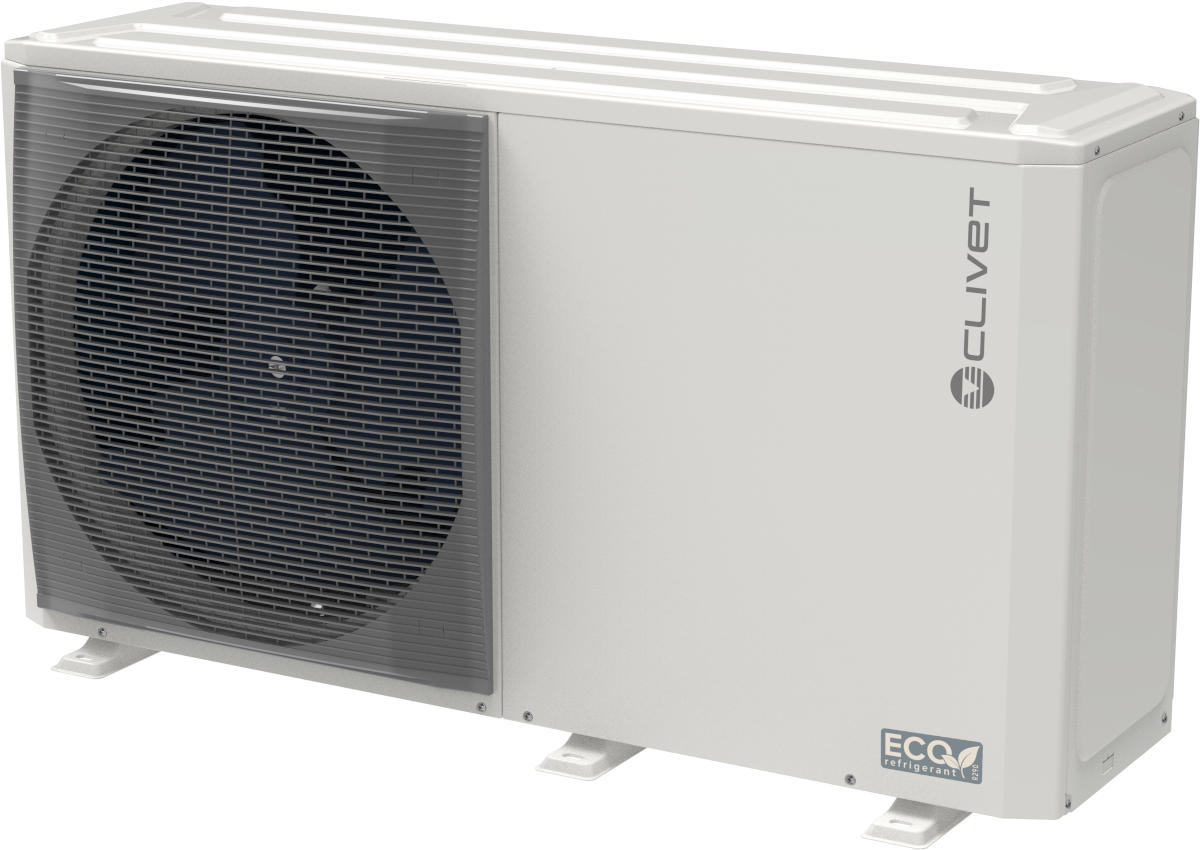 Clivet MONOBlock-Wärmepumpe Edge F 2.1, 4,50 kW, R290 | FBHDirekt Clivet MONOBlock-Wärmepumpe Edge F 2.1, 4,50 kW, R290, Schrägansicht, vor weißem Hintergrund